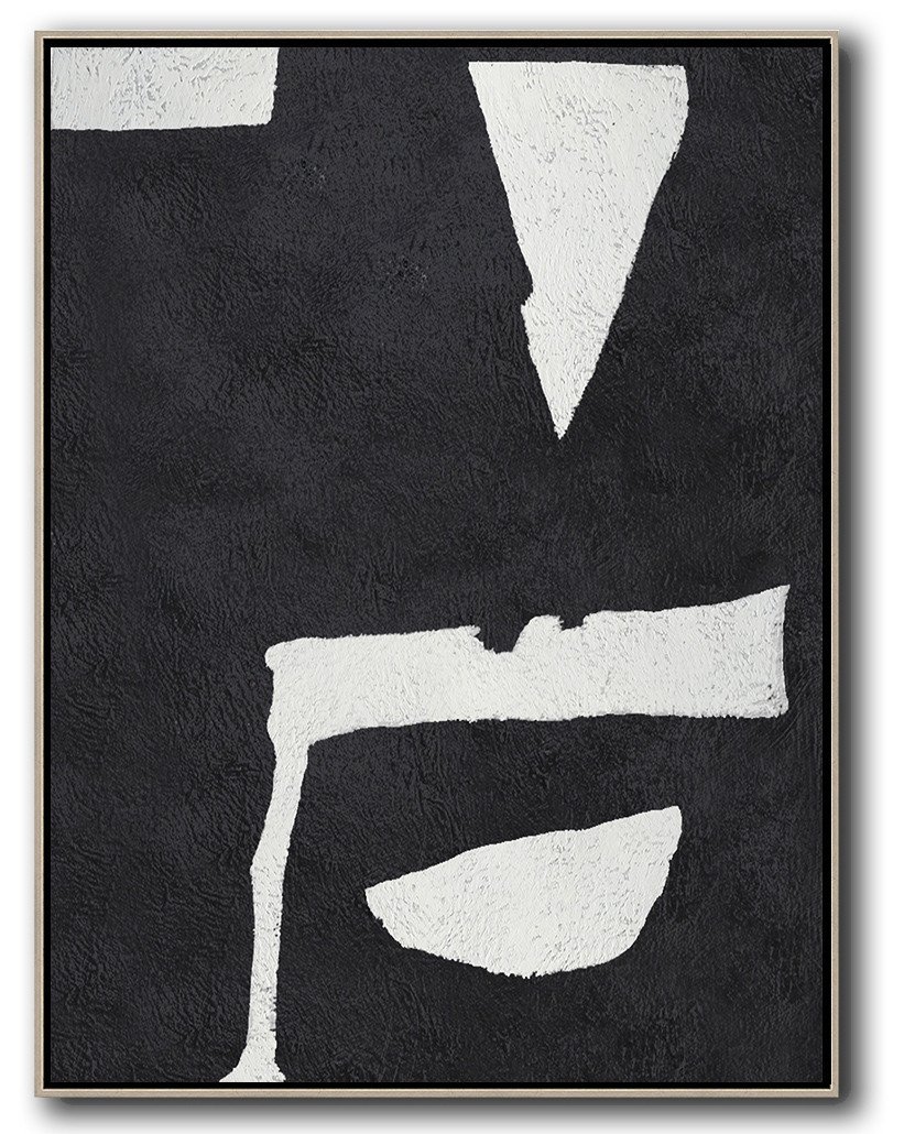 Hand-Painted Black And White Minimal Painting On Canvas - Canvas Pictures For Sale Office Room Large